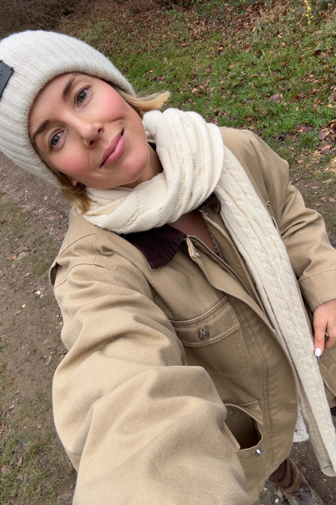 Cable knit scarf 
Barn jacket 
Beanie 
Cream blushed 

#LTKeurope #LTKuk