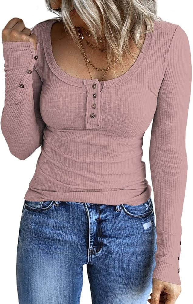 Kissfix Women's Long Sleeve Shirts Casual Fall Henley Top Button Down Blouses Basic Ribbed Knit T... | Amazon (US)