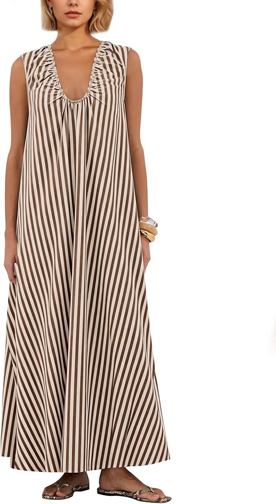 Livtany Women's Scoop Neck Ruched Maxi Dress Flowy Swing Wide Straps Long Dress Casual Sleeveless... | Amazon (US)