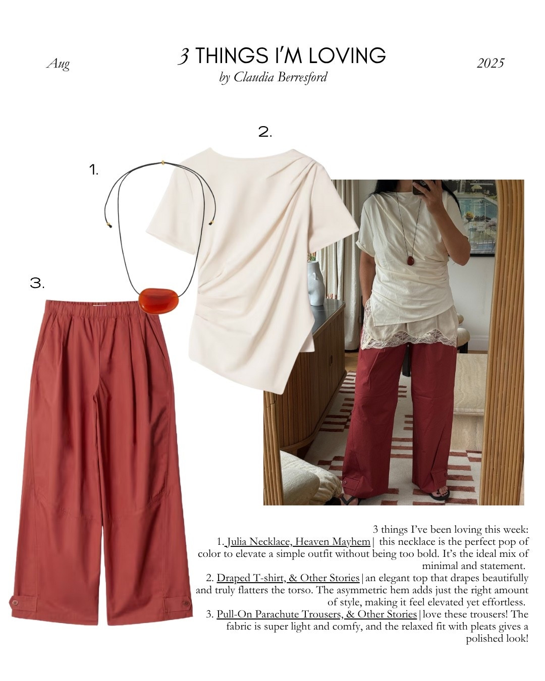 3 Things I'm Loving this week!
🤍Julia Necklace, Heaven Mayhem
🤍Draped T-shirt, & Other Stories
🤍Pull-On Parachute Trousers, & Other Stories

#LTKuk #LTKsummer #LTKautumn
