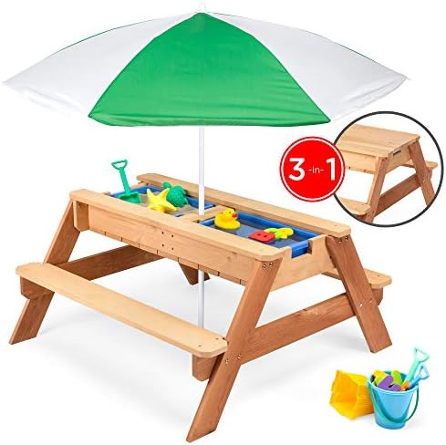 Best Choice Products Kids 3-in-1 Outdoor Wood Activity/Picnic Table w/ Umbrella and 2 Play Boxes | Amazon (US)