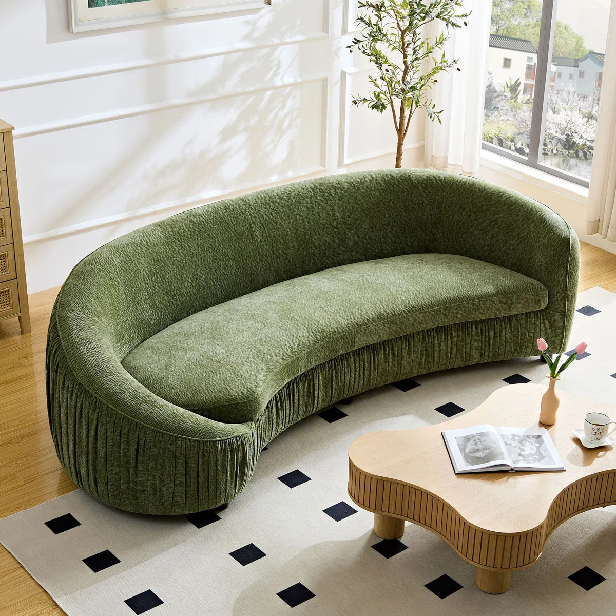 92" Upholstered Curved Sofa Modern Pleated Crafted 3-Seater Sofa - No Assembly Required | Wayfair North America
