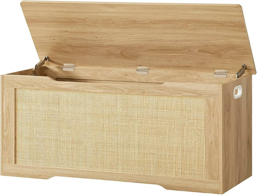 usikey 39.4” Storage Chest with Rattan, Wooden Storage Bench with 2 Safety Hinges, Lift Top Sto... | Amazon (US)