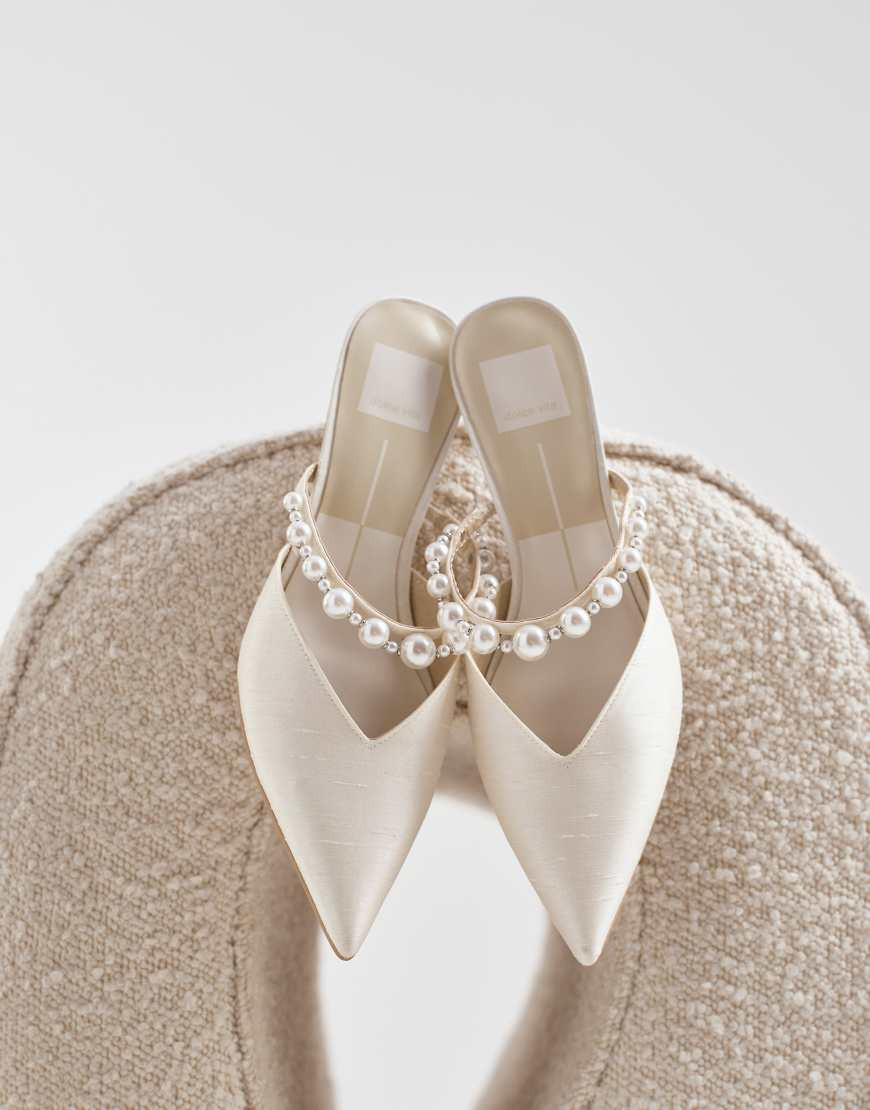 Dolce Vita Kanika bridal pointed mule heels with pearl strap in ivory satin-White | ASOS (Global)