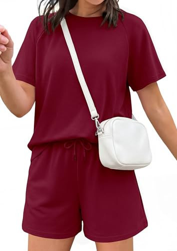 PRETTYGARDEN Women 2 Piece Lounge Sets Short Sleeve Shirts Workout Tops Shorts Matching Clothing 2026 Summer Vacation Outfits (Burgundy,Small) | Amazon (US)