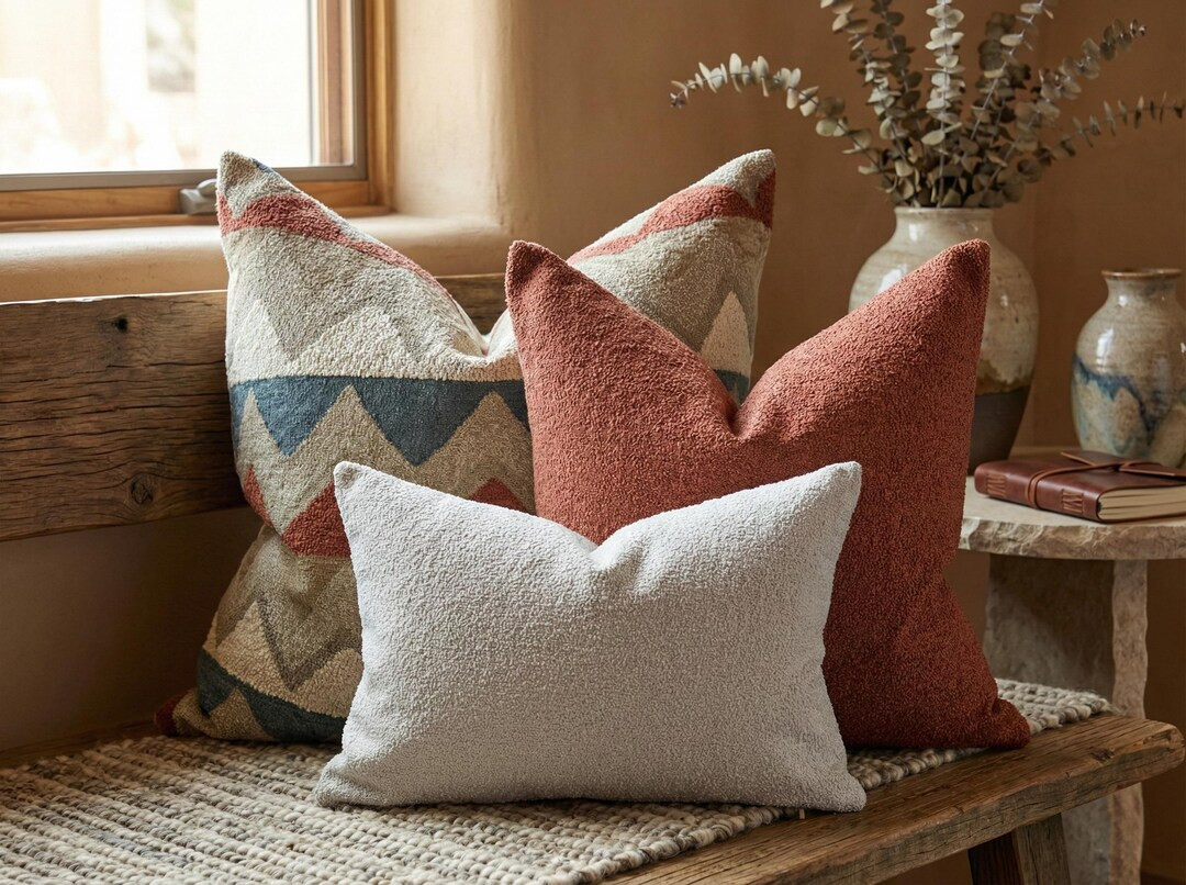 Modern Decorative Pillow Set, Textured Throw Pillow Combination, Neutral Rust Blue Cushion Combo | Etsy (US)