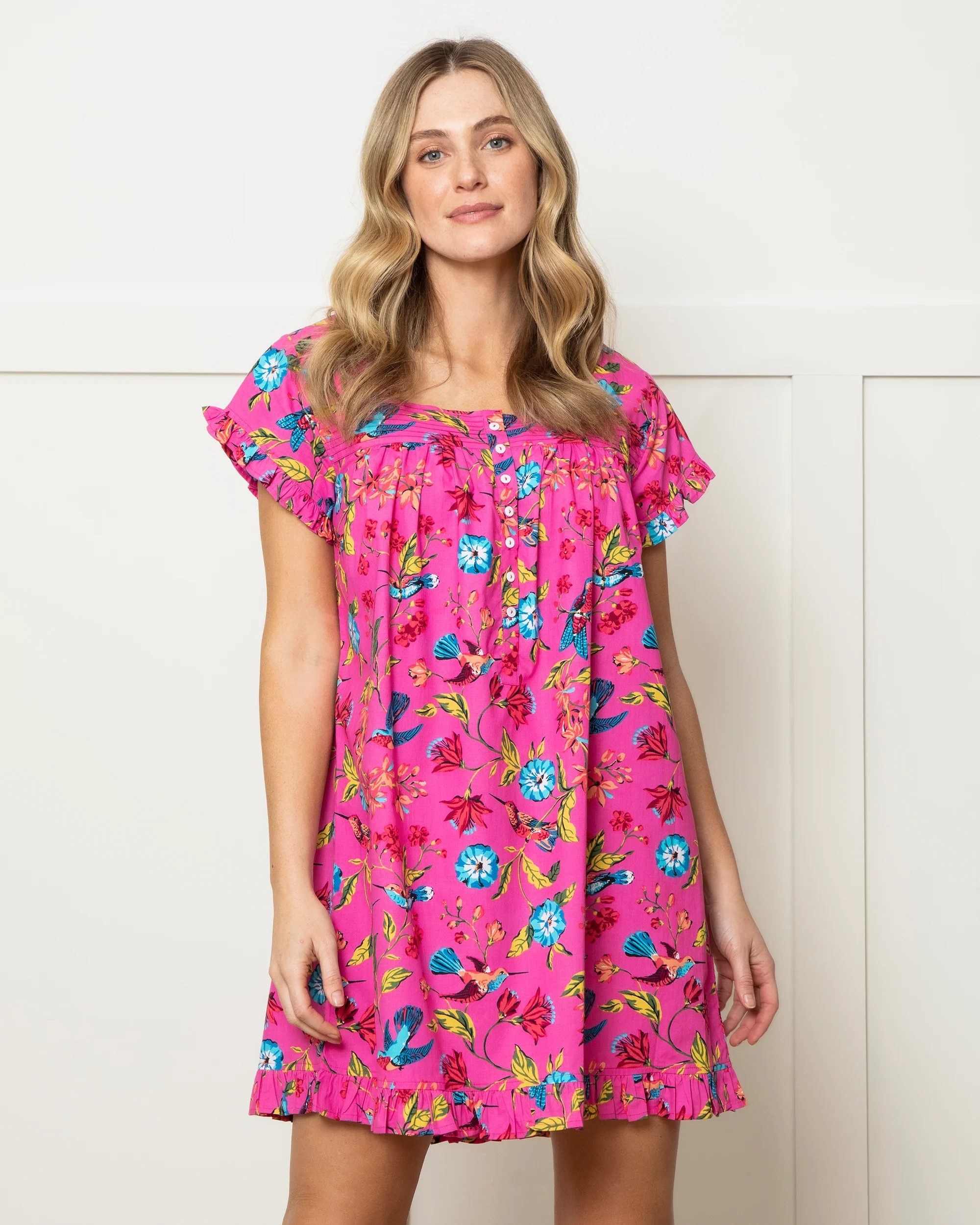 Hummingbird Haven - Pintuck Nightgown - Fresh Raspberry | Printfresh