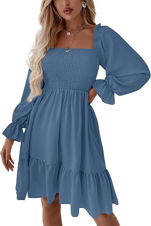 LYANER Women's Square Neck Lantern Long Sleeve Ruffle Shirred Flowy Party Mini Dress | Amazon (US)
