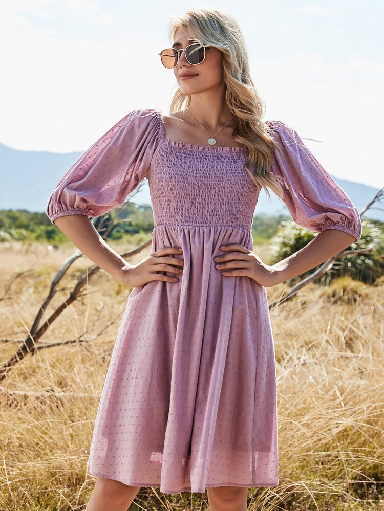 Puff Sleeve Swiss Dot Shirred Dress | SHEIN