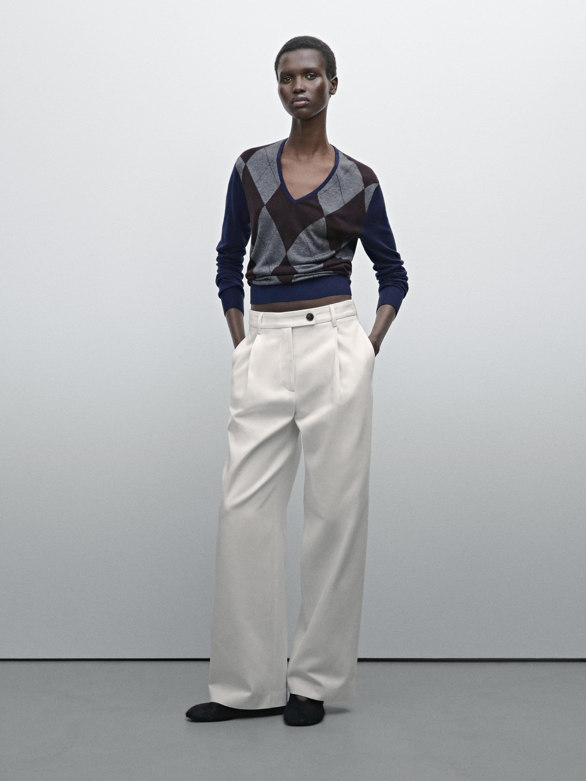 Wide-leg pleated cotton blend trousers | Massimo Dutti US