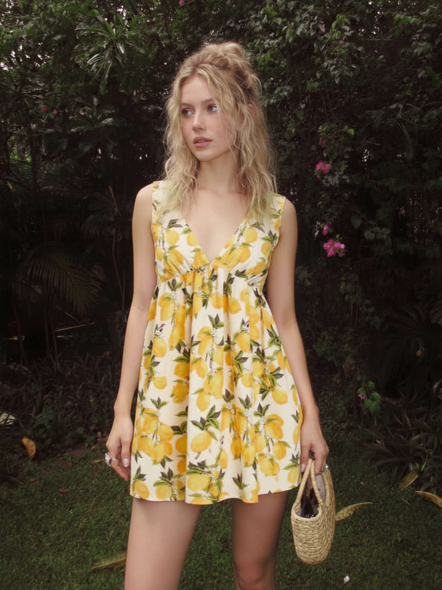 Cotton Cotton-blend Lemon Graphic V-neck Bowknot Babydoll Mini Dress For Daily Casual Picnic | Cider