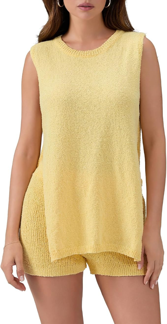 Seyurigaoka Women's 2 Piece Sweater Shorts Set Sleeveless Knit Tank Top Vest Matching Shorts Sets... | Amazon (US)