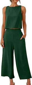 2 Piece Sets for Women Summer Crewneck Sleeveless Cropped Tank Tops Wide Leg Long Pants Travel Va... | Amazon (US)