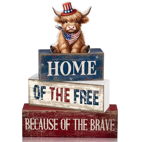 Moucuny 4 Pcs 4th of July Decorations Patriotic Highland Cow Wooden Block Sign Set America Table Decor Patriotic Tiered Tray Decor Red White Blue Memorial Day Centerpieces for 250th Anniversary Home | Amazon (US)