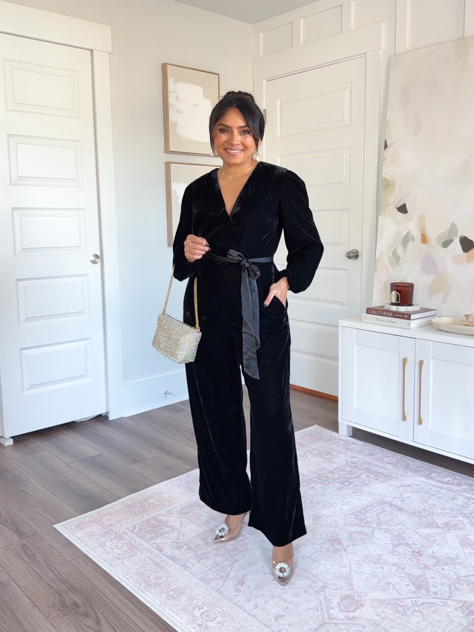 Black jumpsuit size 0 petite TTS
Rhinestone clear heels - old, similar linked

#LTKSaleAlert #LTKHoliday #LTKPetite