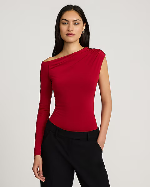 Body Contour Compression Ruched One Shoulder Long Sleeve Bodysuit | Express