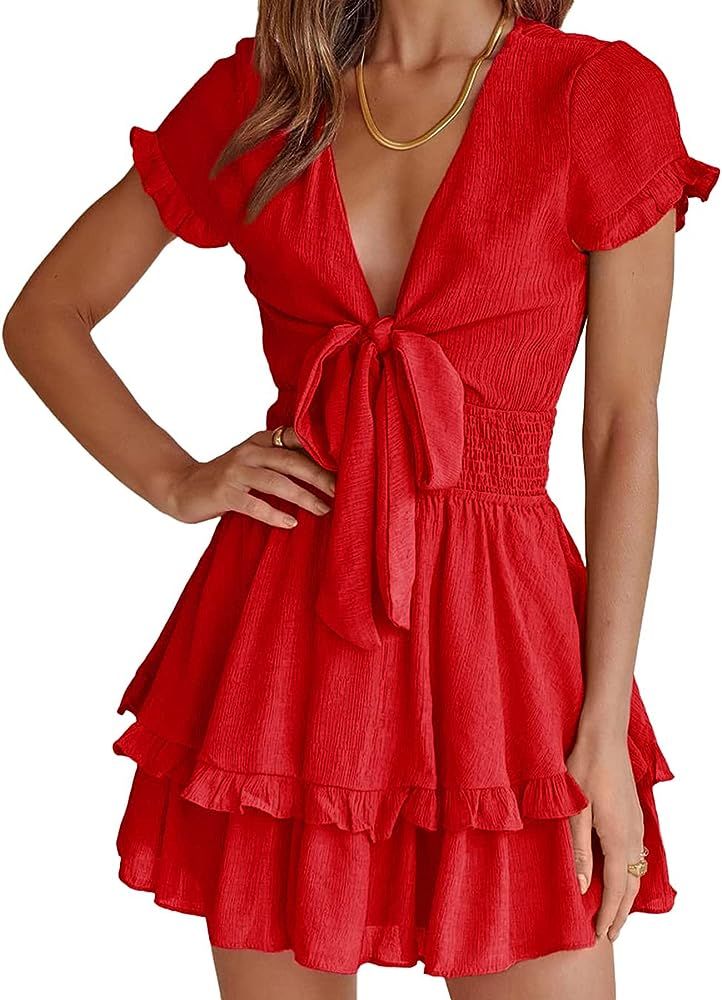 PRETTYGARDEN Womens Red Tie Front V Neck Short Sleeve Mini Dress | Amazon (US)