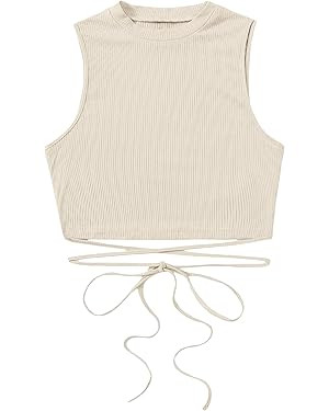 SheIn Women's Crisscross Tie Back Crop Top Sleeveless Round Neck Tank Tops | Amazon (US)