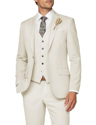Wangyue Men Suit 3 Piece Suits for Men Wedding Suit for Groom Slim Fit Formal Suits Cream Suit Men Business Suit, M | Amazon (US)