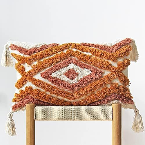 JOJUSIS Boho Throw Pillow Covers with Handmade Tassels Decorative Woven Tufted Orange Pillowcase ... | Amazon (US)