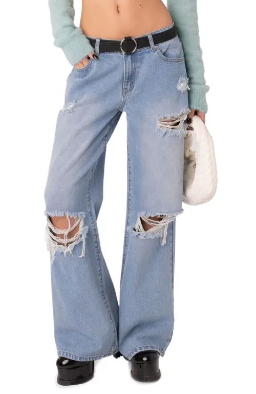 EDIKTED Distressed Boyfriend Jeans in Light-Blue at Nordstrom, Size Medium | Nordstrom