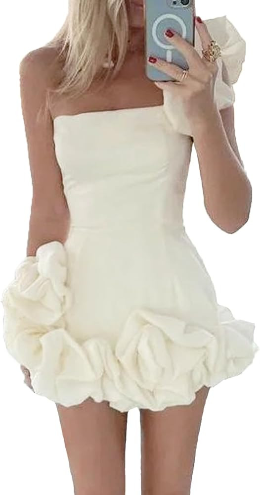 Women Sexy Ruffle Hem Strapless Dress Irregular Floral Tassel Ruched Bodycon Club Night Out Tube ... | Amazon (US)