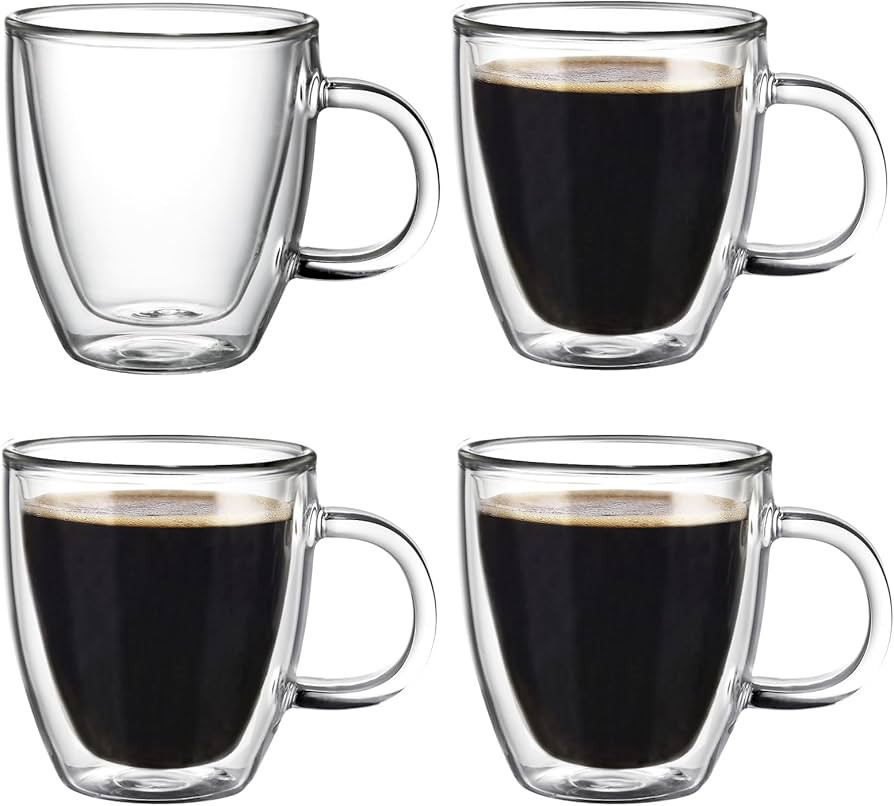 YUNCANG 5.5 oz Espresso Mugs (Set of 4), Double Wall Glass Coffee Cups with Handle Insulated Glas... | Amazon (US)