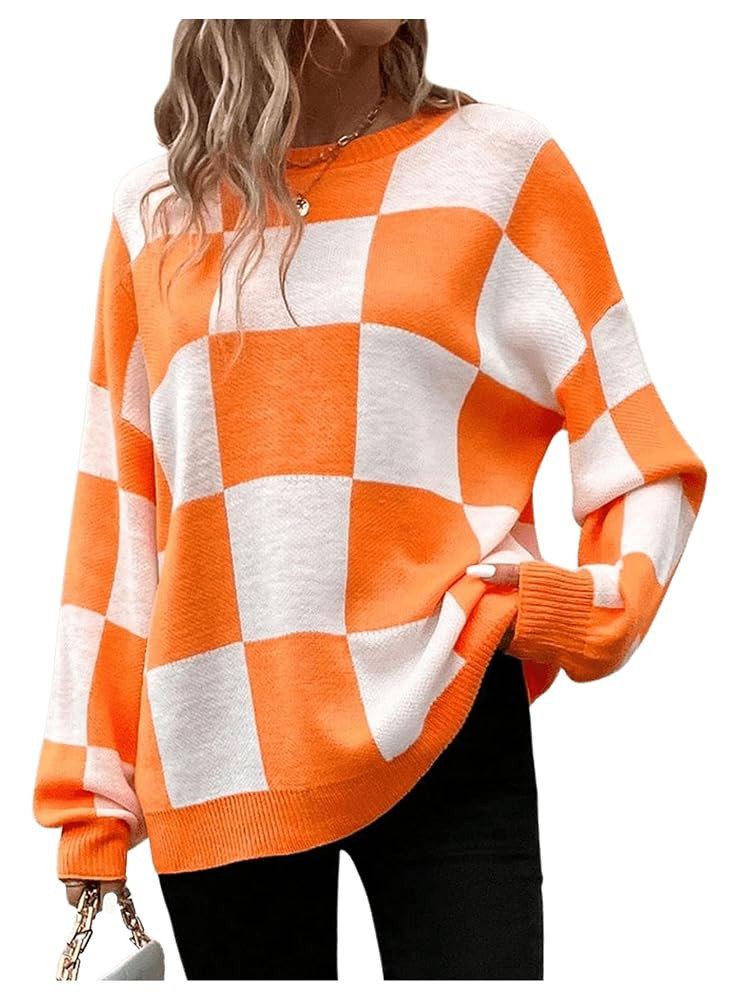 SHENHE Women's Checkered Color Block Oversized Sweater Plaid Crew Neck Drop Shoulder Pullovers | Amazon (US)