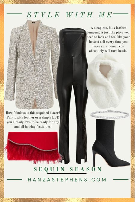 What’s not to love about this silver sequined blazer paired with this leather jumpsuit? I love the faux fur neck warmer and the pop of red - such perfect accents 

#LTKHoliday #LTKunder100