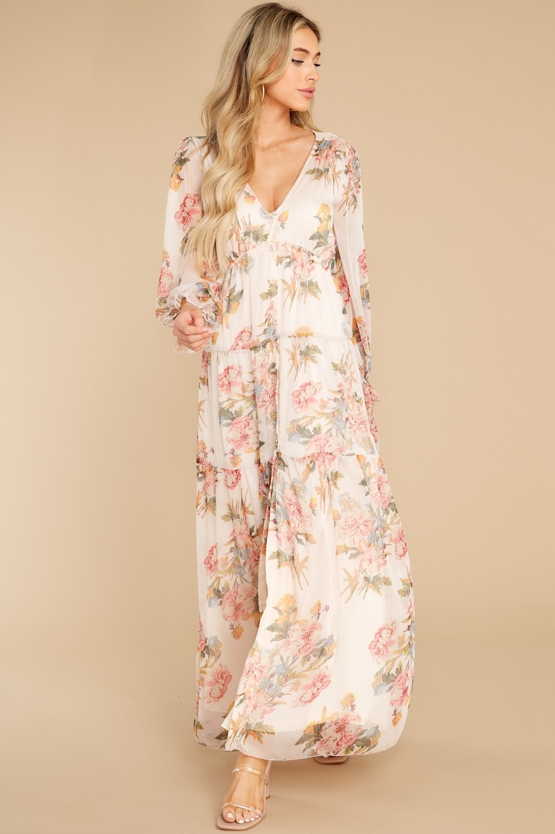 Enchanting Looks Blush Floral Print Maxi Dress | Red Dress 