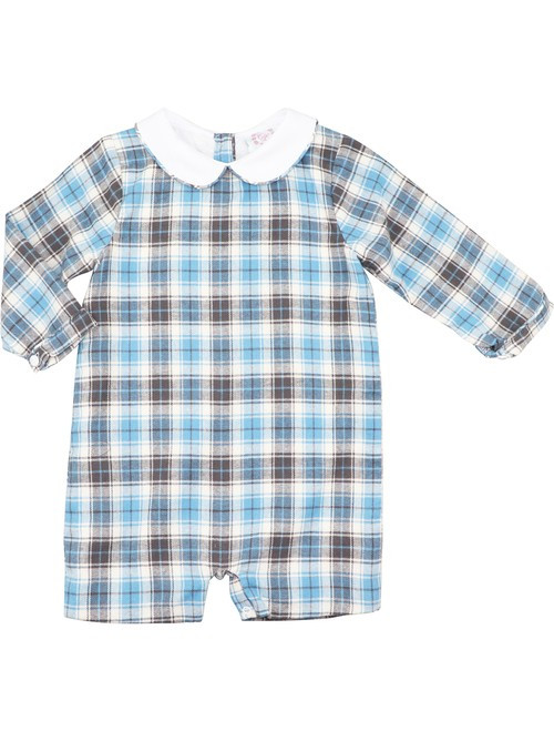 Blue And Grey Plaid Short Romper - Shipping Late September | Cecil and Lou