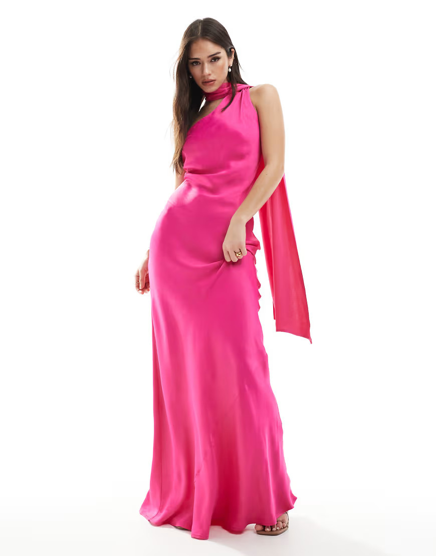 Maids to Measure Bridesmaid one shoulder scarf maxi dress in hot pink | ASOS (Global)