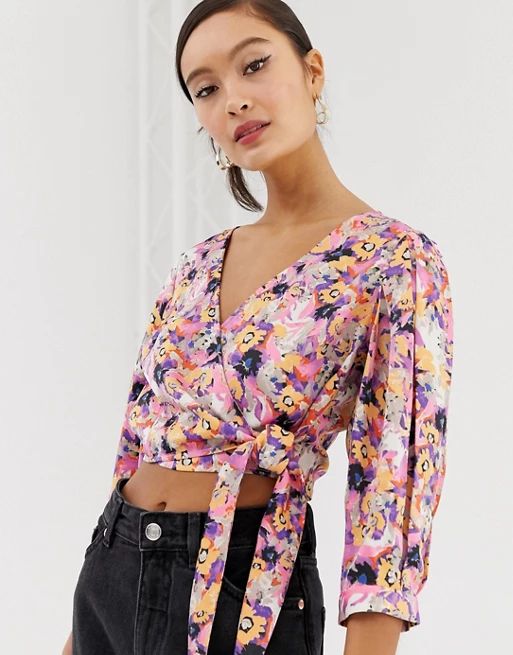 Monki floral print tie front cropped blouse in pink | ASOS US