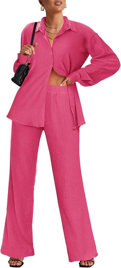 Ekouaer Lounge Set for Women 2 Piece Outfits Button Down Long Sleeve Pajamas Loungewear with Pock... | Amazon (US)
