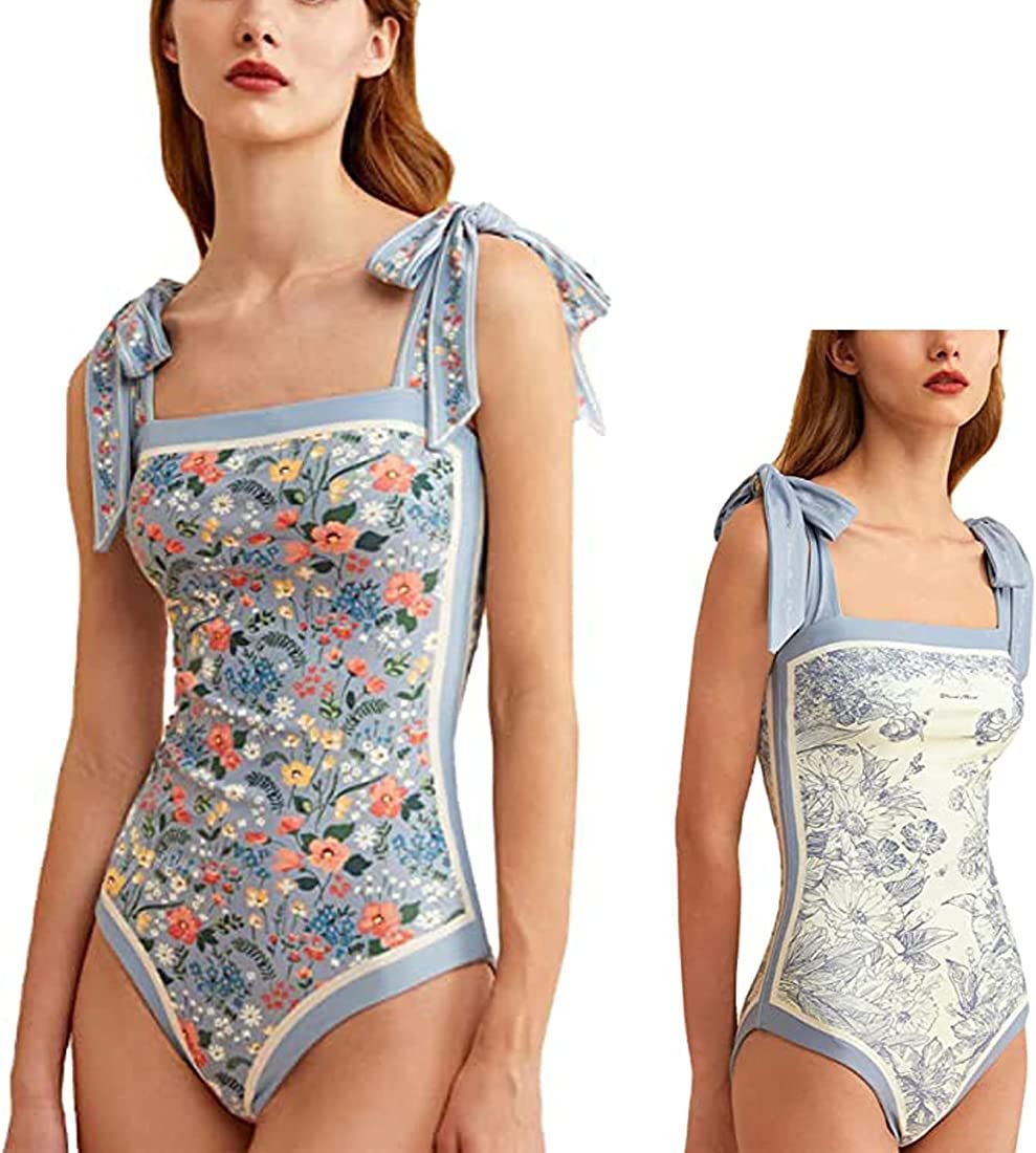 Women Floral One Piece Swimsuits Reversible Tie Shoulder Monokini,Tummy Control Square Neck Swims... | Amazon (US)