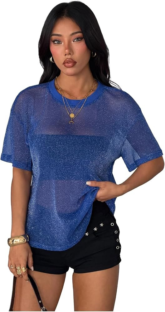OYOANGLE Women's Sparkly Glitter Rave Concert Outfits Going Out Top Short Sleeve See Through Blou... | Amazon (US)