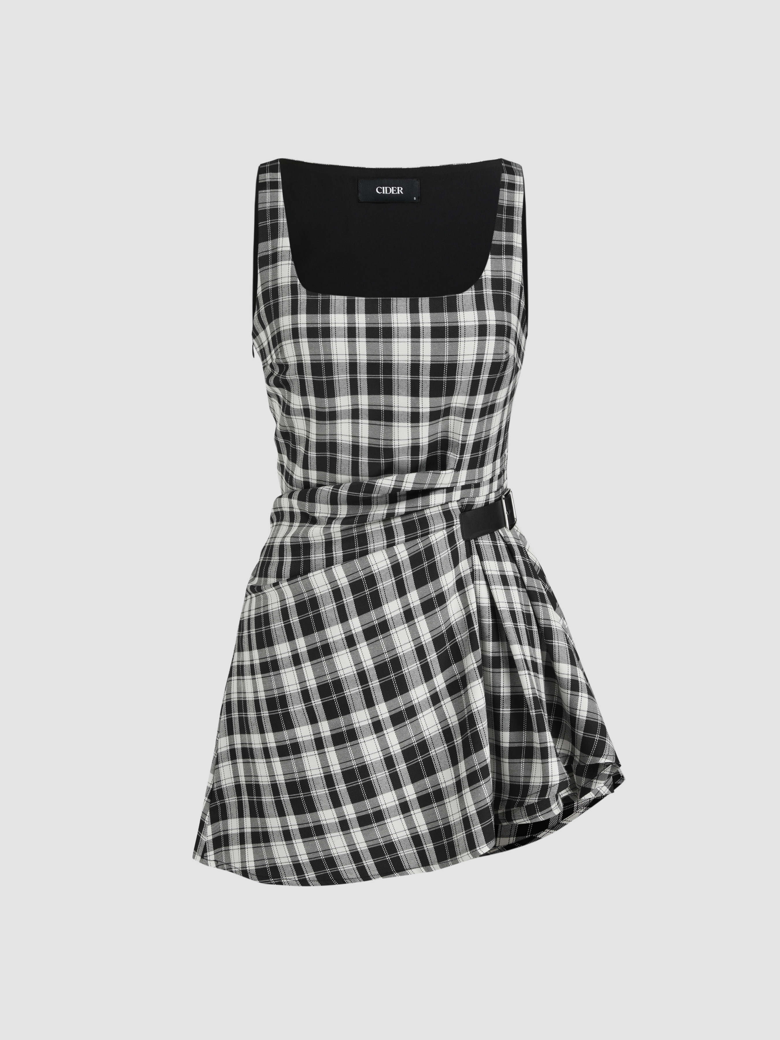 Woven U-neckline Plaid Ruched Belted Mini Dress For Daily Casual | Cider