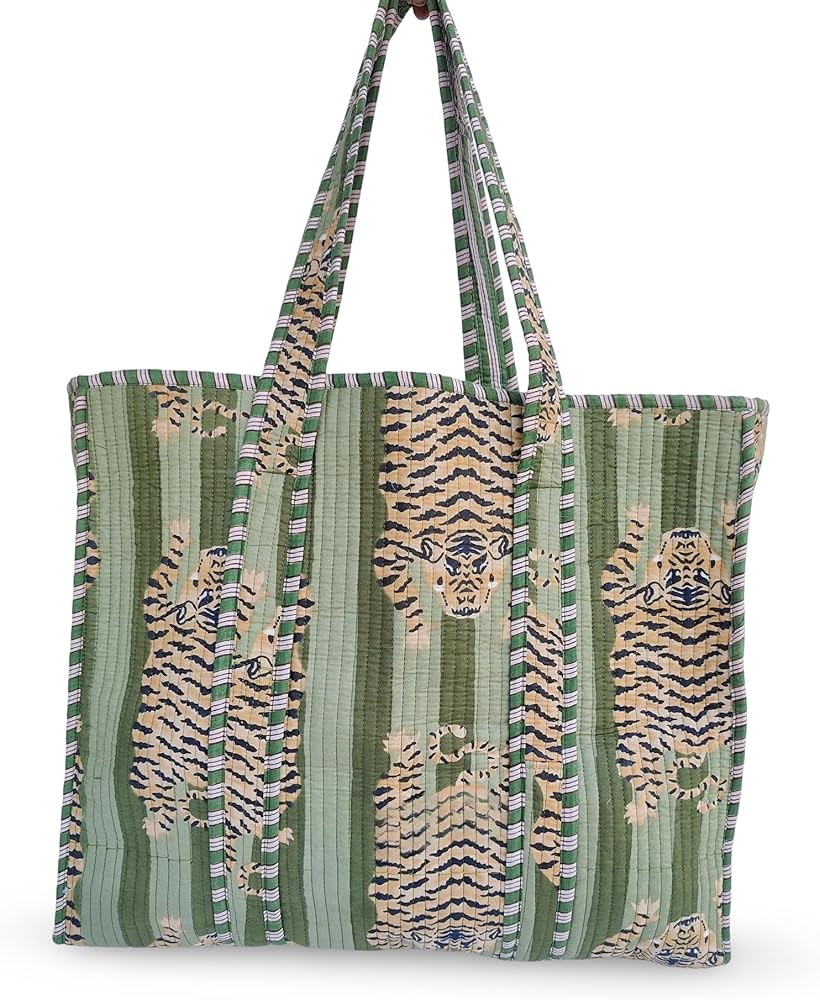 LKGSM RUGS Cotton Tiger Block Print Tote Bag, Indian Handmade Shopping Shoulder Bag, Unisex Marke... | Amazon (US)