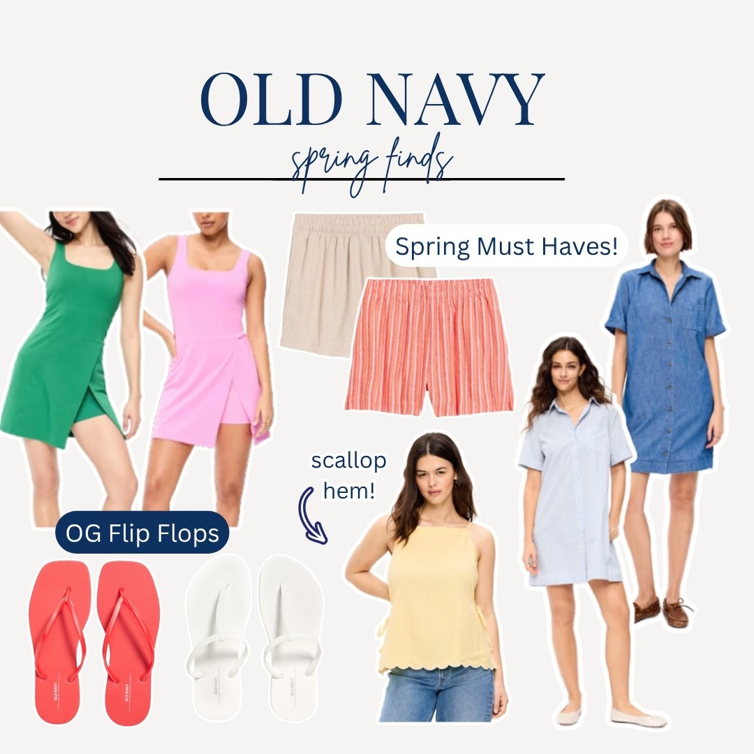 Old Navy spring finds that are so good right now and every single piece is a must have this season 🤍✨ A green athletic skort dress, a pink athletic skort dress, natural linen pull-on shorts, red and white striped shorts, a butter yellow scallop hem tank, a light blue shirt dress, a denim shirt dress, and the iconic Old Navy flip flops in red and white — spring and summer completely covered and every price will surprise you.

#LTKootd #LTKSeasonal #LTKSaleAlert