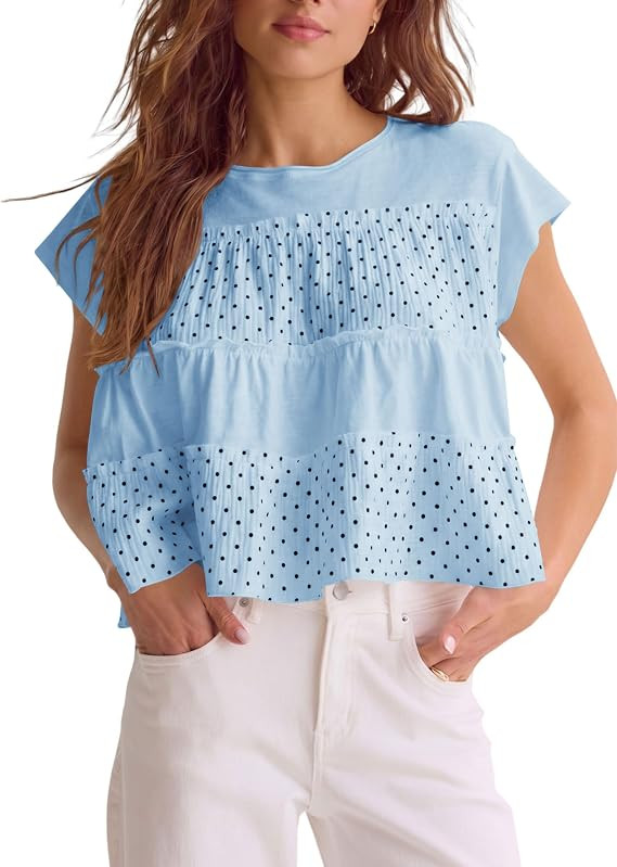 Womens Polka Dot Crew Neck Ruffled Flowy Short Sleeve Tops | Soft Fabric, Tiered Polka Dots, Brea... | Amazon (US)