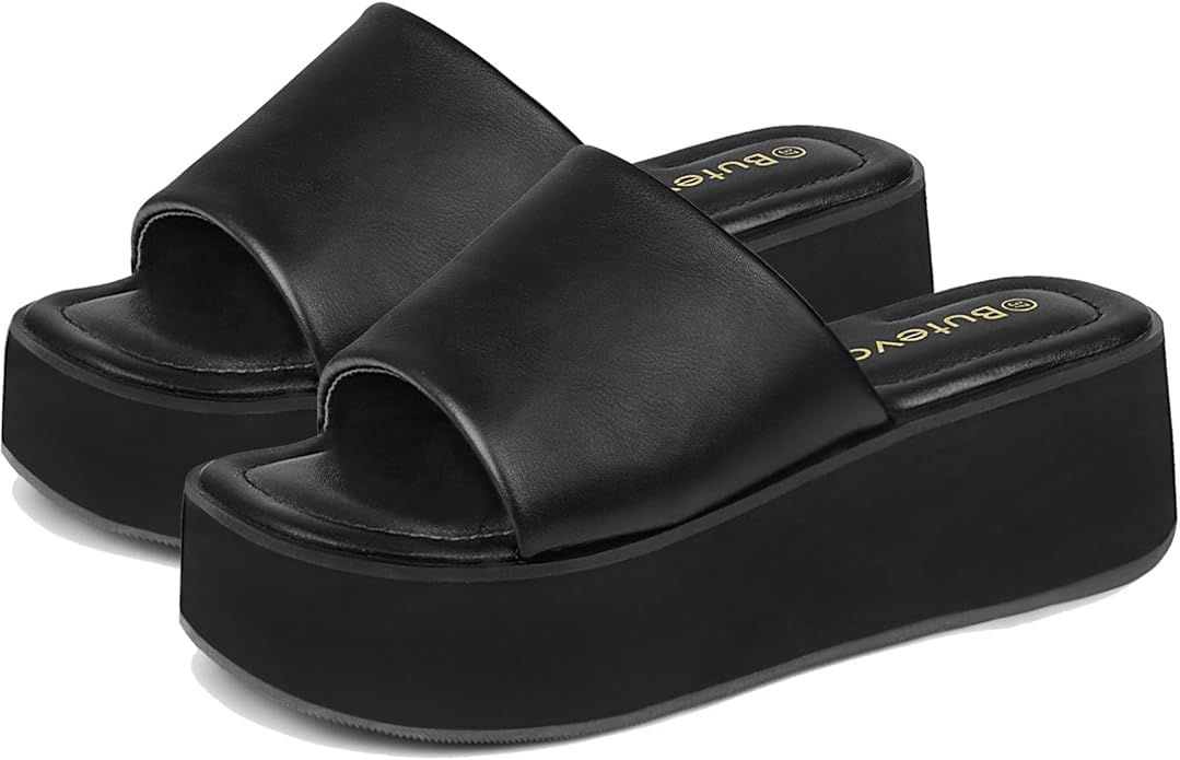 Butevar Chunky Platform Sandals for Women - Comfort Black Open Toe Slip on Platform Slides Y2K We... | Amazon (US)