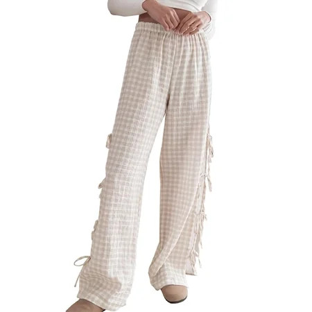YUEJUIR Lightweight Pants Women Women S Plaid Wide Leg Pants Summer Mid Rise Gingham Pants Comfy Pajama Pants Side Slit Tie Pants Trousers Flowy Pants White Pants (Khaki M) | Walmart (US)
