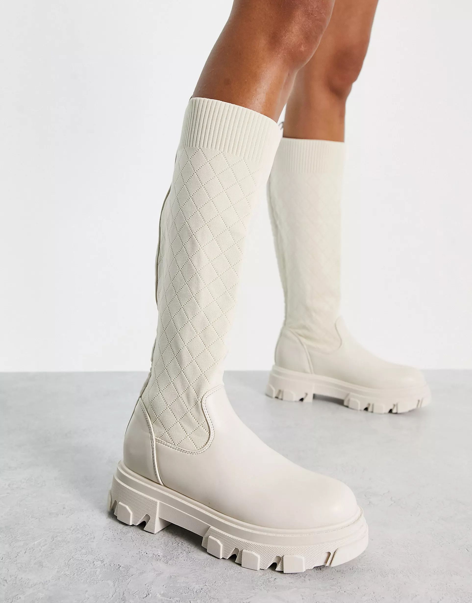 Truffle Collection knitted sock knee boots in cream | ASOS (Global)