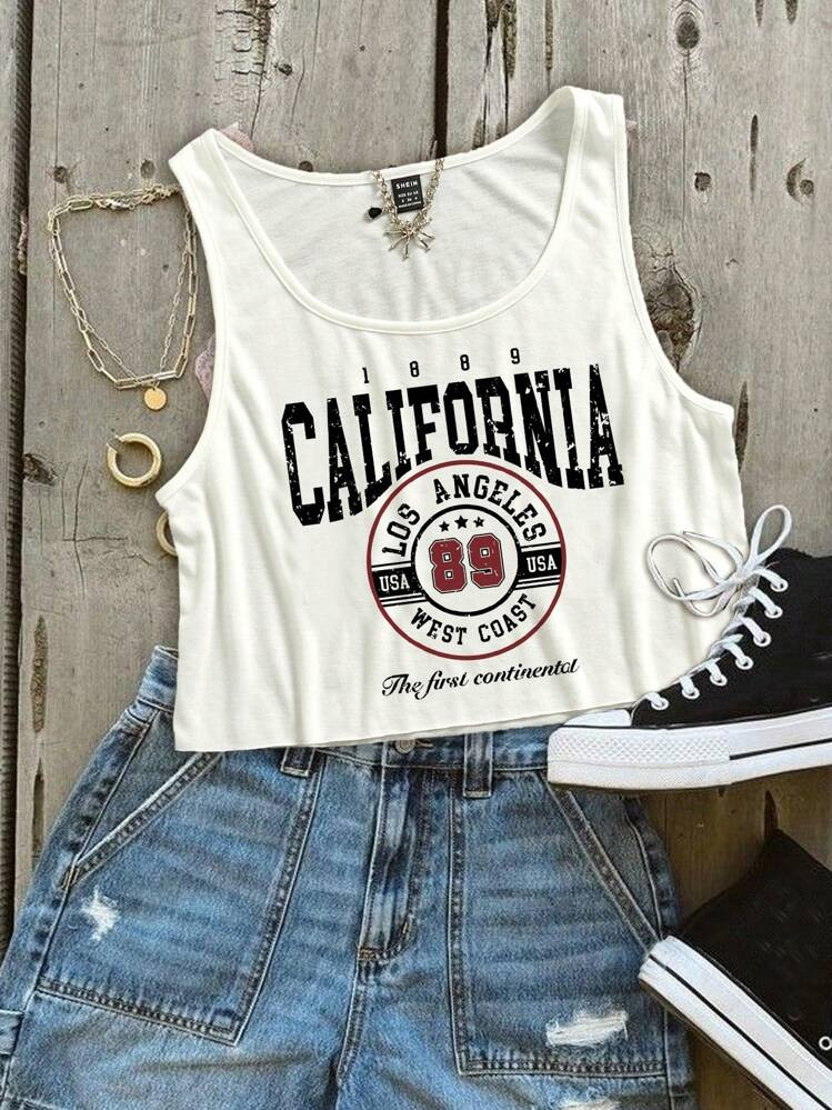 SHEIN EZwear Women Loose U-Neck Cropped Tank Top, Los Angeles Graphic Print, Suitable For Summer ... | SHEIN