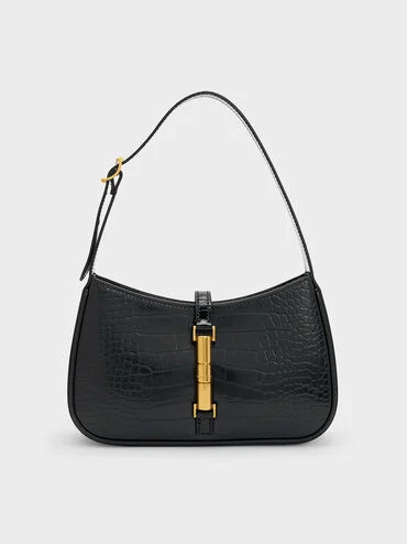 Black Cesia Croc-Effect Metallic-Accent Shoulder Bag | CHARLES & KEITH UK | Charles & Keith UK