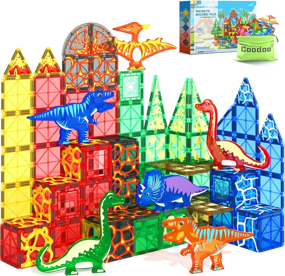 102PCS Dinosaur Toys Magnetic Tiles with 8 Dinosaurs - Jurassic Scenes Dinosaur World Adventure S... | Amazon (US)