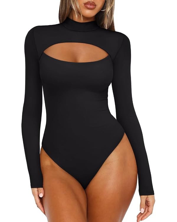 REORIA Women's Mock Neck Cutout Front Bodysuit Trendy Going Out Long Sleeve Body Suits Tops Fall ... | Amazon (US)