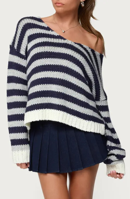 EDIKTED Eugenie Stripe Oversize Off the Shoulder Sweater in Navy at Nordstrom, Size Medium | Nordstrom