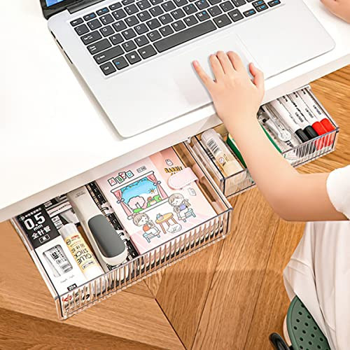 2Pcs Under Desk Storage Drawers Slide Out,Large&Medium,Stick On Drawers,Under Desk Organizer Hidden Under Table Drawer for Home Office School Organization and Storage-Clear White | Amazon (US)