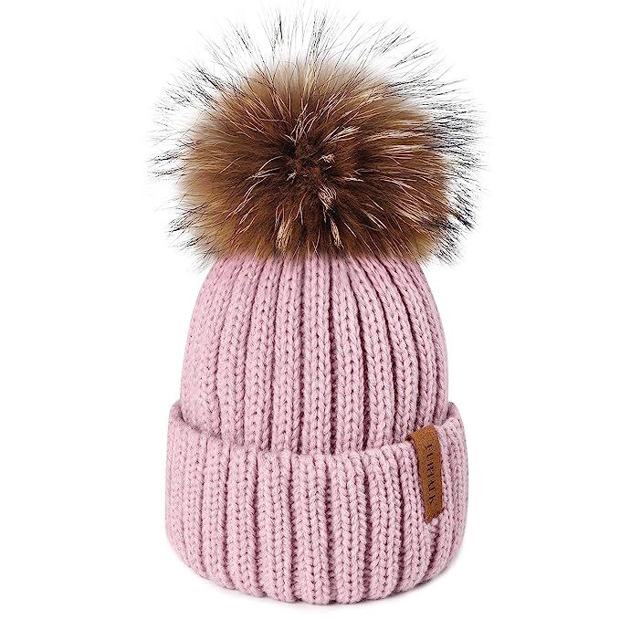 FURTALK Winter Knit Hat Detachable Real Raccoon Fur Pom Pom Womens Girls Warm Knit Beanie Hat | Amazon (US)